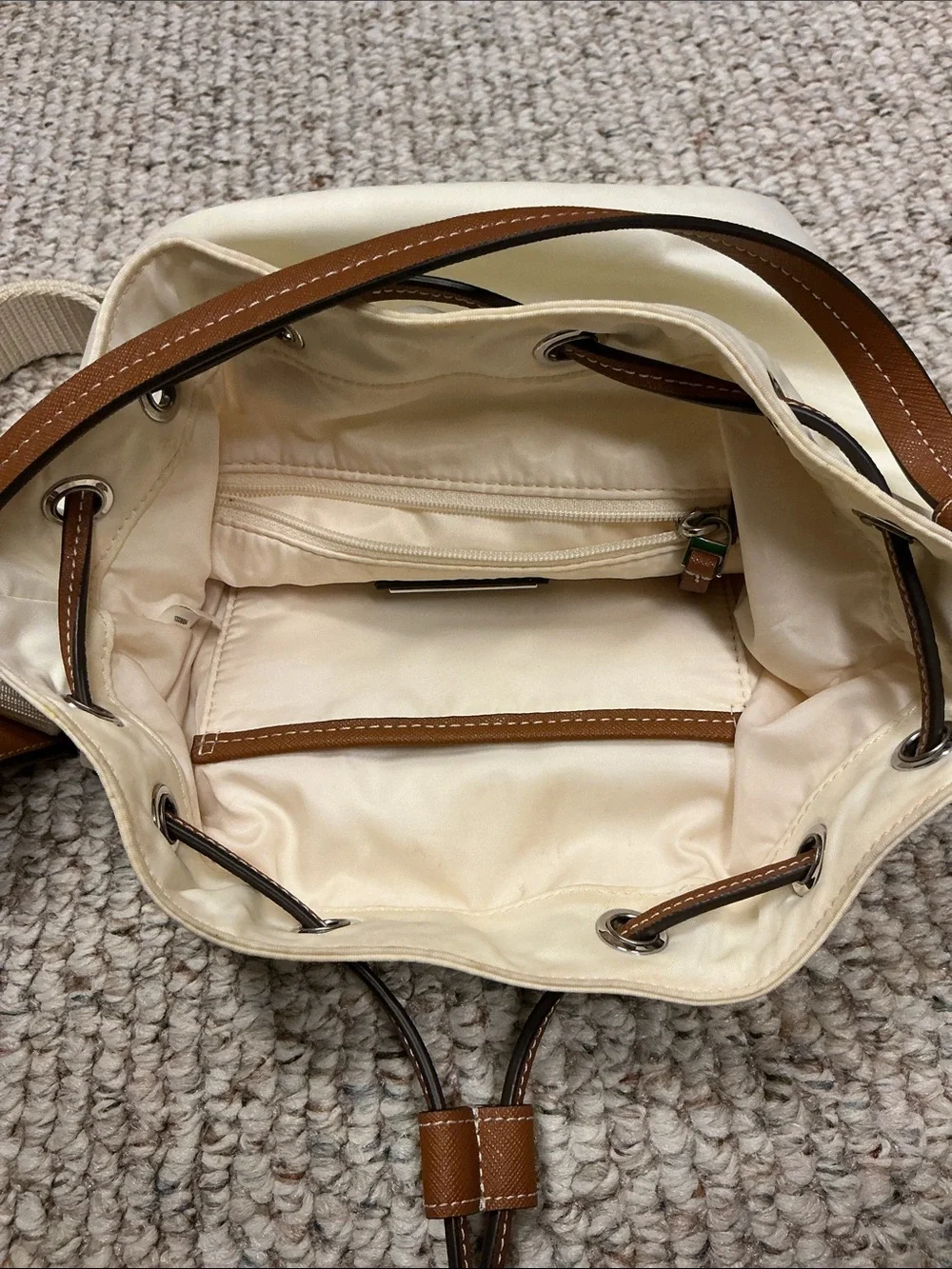 Tory Burch Cream Drawstring Bucket Bag with Brown Trim
